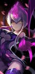  bad_id bad_pixiv_id bangs bare_shoulders breasts evelynn finger_to_mouth fingernails groin hair_between_eyes half-closed_eyes highres league_of_legends lee_seok_ho looking_at_viewer medium_breasts multicolored_hair pale_skin pink_hair pointing pointing_at_viewer sharp_fingernails smile solo two-tone_hair underboob white_hair yellow_eyes 