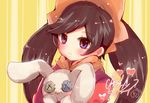  alternate_eye_color ashley_(warioware) bangs black_hair blush button_eyes character_name closed_mouth commentary_request dress eyebrows_visible_through_hair hairband heart herunia_kokuoji holding holding_stuffed_animal long_hair long_sleeves looking_at_viewer neckerchief orange_hairband orange_neckwear purple_eyes red_dress signature solo striped striped_background stuffed_animal stuffed_bunny stuffed_toy swept_bangs twintails upper_body vertical-striped_background vertical_stripes warioware yellow_background 