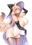  animal_ears areola_slip areolae bangs bare_shoulders black_cape black_gloves black_legwear blonde_hair breasts cape cleavage closed_mouth commentary contrapposto covered_navel covered_nipples cowboy_shot elbow_gloves eyebrows_visible_through_hair eyelashes flower fox_ears fox_girl fox_tail gloves groin hair_between_eyes half-closed_eyes hand_on_headwear hand_up highres large_areolae large_breasts legs_together leotard long_hair looking_at_viewer neck_ribbon orange_ribbon original puffy_nipples ribbon shizu-chan sidelocks simple_background slit_pupils smile solo sparkle standing strapless strapless_leotard tail thick_thighs thighhighs thighs very_long_hair white_background white_leotard yellow_eyes yukibuster_z 