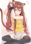  adjusting_hair animal_ears black_bow black_legwear blush bow brown_hair cat_ears closed_mouth eyebrows_visible_through_hair highres kazuha_(saku_kn) looking_at_viewer navel original purple_eyes short_shorts shorts sitting solo thighhighs twintails tying_hair 