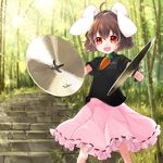 ahoge animal_ears annojou_haruto bad_id bad_pixiv_id black_shirt blush brown_hair bunny_ears carrot_necklace commentary_request copyright_name cowboy_shot cymbals day eyebrows_visible_through_hair forest frilled_skirt frills highres holding inaba_tewi instrument jewelry looking_at_viewer music nature outdoors pendant pink_skirt playing_instrument red_eyes ribbon-trimmed_skirt ribbon_trim shirt short_hair skirt solo stairs standing sunlight tareme touhou 