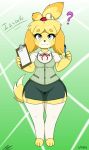  ? animal_crossing bell blouse bow breasts canine clipboard clothing dog female green_eyes hair isabelle_(animal_crossing) jeffthehusky leggings legwear looking_at_viewer mammal nintendo pen ribbons secretary short_hair skirt small_breasts solo standing thick_thighs vest video_games wide_hips 