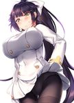  azur_lane bangs black_hair blush bow breasts brown_eyes commentary_request crotch_seam gloves hair_bow kinosaki_reisui large_breasts long_hair looking_at_viewer looking_down military military_uniform miniskirt panties panties_under_pantyhose pantyhose pleated_skirt ponytail simple_background skirt solo sweatdrop takao_(azur_lane) underwear uniform very_long_hair white_background white_gloves 