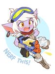  1girl alternate_costume blush commentary english full_body gun highres league_of_legends nestkeeper open_mouth red_scarf scarf short_hair simple_background solo text_focus tristana weapon white_background white_hair yellow_eyes yordle 