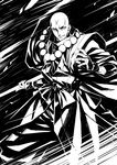  bald beads commentary_request cross_scar fate/grand_order fate_(series) fighting_stance greyscale highres houzouin_inshun_(fate/grand_order) matsuryuu monk monochrome polearm prayer_beads spear vambraces weapon 