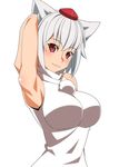  armpits bangs bare_shoulders blush breasts closed_mouth commentary_request hat impossible_clothes impossible_shirt inubashiri_momiji large_breasts looking_at_viewer ra-pen red_eyes shirt short_hair sleeveless sleeveless_shirt smile solo tokin_hat touhou upper_body white_hair white_shirt 
