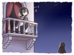 balcony bare_shoulders bird black_hair blue_sky blush brown_eyes commentary_request curtains dress eighth_note elbow_gloves flower flower_ornament frilled_dress frills gloves grape-kun hair_flower hair_ornament hairband humboldt_penguin humboldt_penguin_(kemono_friends) kemono_friends long_dress looking_up mofu_mofu music musical_note night night_sky outdoors parted_lips penguin quarter_note romeo_and_juliet shooting_star singing sky spoken_musical_note star_(sky) starry_sky 