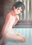 bad_id bad_pixiv_id bathhouse bathing black_eyes black_hair blush breasts covering from_side holding holding_towel indoors kantai_collection leaning_forward legs_together looking_at_viewer makio_(makiomeigenbot) mogami_(kantai_collection) nude_cover onsen short_hair sitting small_breasts soaking_feet solo towel water wooden_bathtub wooden_wall 