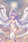  angel_wings blue_eyes braid breasts cleavage closed_mouth commentary_request flower four_goddesses_online:_cyber_dimension_neptune gloves hair_flower hair_ornament halo highres hoshino_aoi_(la_huynh_hai_than) large_breasts long_hair neptune_(series) power_symbol purple_hair purple_heart smile solo symbol-shaped_pupils thighhighs tied_hair twin_braids very_long_hair wings 