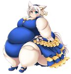 1girl absurdres animal_ears ass bad_proportions blonde_hair blue_dress blue_eyes blush breasts eyebrows_visible_through_hair fat_folds female frilled_skirt frills hair_between_eyes hair_ornament headband huge_belly kurokaze_no_sora large_breasts long_sleeves looking_at_viewer morbidly_obese necklace obese original pantyhose short_hair simple_background sitting skirt sleeves_past_wrist smile solo thick_thighs wolf_ears wolf_tail 