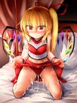  bangs bare_legs blonde_hair buruma cheerleader clothed_after_sex cum cum_in_clothes cum_pool cumdrip eyebrows_visible_through_hair flandre_scarlet hair_between_eyes hair_ribbon highres kneeling lifted_by_self long_hair looking_at_viewer m9kndi midriff miniskirt navel on_bed pillow red_buruma red_eyes red_legwear red_ribbon red_skirt ribbon side_ponytail skirt skirt_lift socks solo touhou wings 