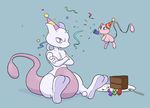  animal_ears birthday blue_background blue_eyes cake candle crossed_arms feet floating food fork full_body hands_up hat legs_apart mew mewtwo no_humans party_hat party_popper paws plate pokemon pokemon_(creature) pokemon_rgby purple_eyes signature simple_background sitting size_difference smile tail text yellowhellion 