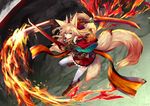  &gt;:) animal_ears bare_shoulders blonde_hair blue_eyes boots brown_footwear closed_mouth commentary_request dual_wielding fire fox_ears fox_tail gauntlets haik hair_between_eyes highres holding holding_sword holding_weapon kokonoe_tsubaki long_hair looking_at_viewer multiple_tails original pleated_skirt red_skirt skirt smile solo sword tail thighhighs v-shaped_eyebrows weapon white_legwear 