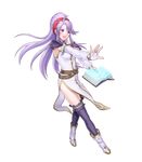  bangs bare_shoulders belt book boots bridal_gauntlets dress fire_emblem fire_emblem:_seisen_no_keifu fire_emblem_heroes full_body highres holding holding_book long_hair looking_away official_art open_mouth ponytail purple_eyes purple_hair purple_legwear smile solo tiltyu_(fire_emblem) transparent_background 