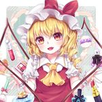  :d ascot asymmetrical_hair black_bow blonde_hair blush bottle bow drill_hair eyebrows_visible_through_hair fangs flandre_scarlet frilled_shirt_collar frilled_sleeves frills hat hat_bow hat_ribbon heart lipstick lipstick_tube long_hair looking_at_viewer makeup makeup_brush mob_cap navel open_mouth perfume_bottle puffy_short_sleeves puffy_sleeves purple_bow red_bow red_eyes red_lipstick red_ribbon red_vest ribbon short_sleeves smile solo tareme touhou upper_body vest w_arms white_hat wing_collar wings wrist_cuffs yellow_neckwear yuria_(kittyluv) 