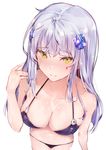  bangs bikini black_bikini blunt_bangs blush breasts closed_mouth collarbone commentary eyebrows_visible_through_hair facial_mark foreshortening from_above girls_frontline green_eyes hair_ornament hand_up highres hk416_(girls_frontline) hplay large_breasts long_hair looking_at_viewer navel sidelocks silver_hair simple_background smile solo swimsuit teardrop white_background 
