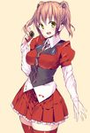  black_neckwear blush bonkiru brown_hair cellphone eyebrows_visible_through_hair green_eyes highres holding holding_cellphone holding_phone looking_at_viewer open_mouth original personification phone red_legwear red_skirt short_twintails skirt smile solo thighhighs twintails 