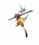  ahoge bike_shorts blazblue:_cross_tag_battle brown_hair dragon dual_wielding full_body highres higuchi_konomi holding hood hoodie jumping knife kuu_(under_night_in-birth) linne official_art purple_eyes reverse_grip short_hair short_sword sidelocks socks solo sword under_night_in-birth weapon white_background yellow_hoodie 