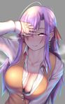  :q antenna_hair arm_up black_bra blush bra bra_peek breasts brown_vest chain cleavage closed_mouth collarbone covering_one_eye eyebrows_visible_through_hair fate/grand_order fate_(series) fingernails gold_chain grey_background hair_over_one_eye hair_ribbon half-closed_eye jewelry large_breasts long_hair long_sleeves looking_at_viewer matou_sakura nikuku_(kazedesune) open_clothes open_shirt parvati_(fate/grand_order) purple_eyes purple_hair red_ribbon ribbon ring school_uniform shirt sidelocks simple_background sleeves_past_wrists smile solo star star-shaped_pupils symbol-shaped_pupils thumb_ring tongue tongue_out unbuttoned unbuttoned_shirt underwear upper_body vest white_shirt 