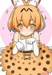  animal_ears artist_name blush brown_eyes closed_mouth elbow_gloves eyebrows_visible_through_hair gloves kemono_friends looking_at_viewer multicolored multicolored_clothes multicolored_gloves orange_gloves orange_neckwear orange_skirt paw_pose serval_(kemono_friends) serval_ears short_hair skirt solo sparkle tansan_daisuki white_gloves 