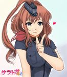  black_dress blue_eyes breast_pocket breasts brown_hair character_name dress heart index_finger_raised kantai_collection large_breasts long_hair pocket ponytail remodel_(kantai_collection) saratoga_(kantai_collection) side_ponytail simple_background smile solo upper_body white_background yamasuke_mk2 