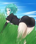  all_fours androgynous aqua_eyes aqua_hair ass belt black_gloves black_shirt black_shorts blue_sky blush clipboard cloud commentary_request day debutya_aki dutch_angle elbow_gloves from_behind gem_uniform_(houseki_no_kuni) gloves grass houseki_no_kuni legs_together looking_at_viewer looking_back necktie open_mouth outdoors phosphophyllite puffy_sleeves shiny shiny_hair shirt short_hair short_sleeves shorts sideways_mouth sky solo sparkle uniform 