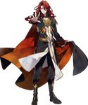  88_taho alvis_(fire_emblem) boots cape detached_sleeves fire_emblem fire_emblem:_seisen_no_keifu fire_emblem_heroes full_body highres holding holding_cape knee_boots long_hair long_sleeves looking_at_viewer male_focus official_art pants red_eyes red_hair solo standing transparent_background 