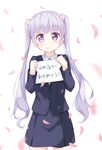  blush eyebrows_visible_through_hair followers highres holding holding_sign long_hair long_sleeves looking_at_viewer new_game! purple_eyes purple_hair sign smile solo stick_jitb suzukaze_aoba translated twintails 