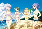  :d ahoge alternate_hairstyle barefoot beach bikini blue_bikini blue_eyes blue_hair bow boyshorts breasts brown_hair cleavage closed_eyes cutoffs day footprints full_body green_hair hair_between_eyes hair_bow hair_up holding_hands interlocked_fingers jewelry kazanari_tsubasa kohinata_miku medium_breasts motinoki multiple_girls navel ocean open_mouth outdoors pendant pink_bikini purple_bikini purple_eyes purple_hair running senki_zesshou_symphogear short_hair smile swimsuit symphogear_pendant tachibana_hibiki_(symphogear) twintails water yellow_bikini yukine_chris 