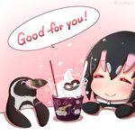  =_= bangs bird black_gloves black_hair blush commentary_request coroha english eyebrows_visible_through_hair food gloves grape-kun hair_between_eyes humboldt_penguin humboldt_penguin_(kemono_friends) ice_cream kemono_friends parfait penguin pink_background short_hair smile speech_bubble twitter_username 