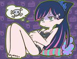  bra breasts green_eyes grumpy hair_ornament hairclip legs lingerie lounging panties panty_&amp;_stocking_with_garterbelt patterned_background pillow pink_hair ponytail purple_hair skull_and_crossbones stocking_(psg) thought_bubble underwear v-shaped_eyebrows 