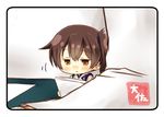  admiral_(kantai_collection) artist_name brown_eyes brown_hair chibi commentary_request hair_between_eyes highres holding holding_paper japanese_clothes kaga_(kantai_collection) kantai_collection minigirl open_mouth paper short_hair side_ponytail solo_focus taisa_(kari) tasuki 