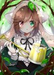  blush bonnet brown_hair dress forest frills green_dress green_eyes hairband heterochromia highres himemiya_shuang lolita_fashion lolita_hairband long_hair multicolored multicolored_eyes nature open_mouth red_eyes rozen_maiden solo suiseiseki watering_can 