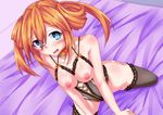  :d bare_shoulders blue_eyes blush breasts collar hechima-bushi lace lace-trimmed_thighhighs lingerie looking_at_viewer medium_breasts neptune_(series) nipples on_bed open_mouth orange_hair orange_heart power_symbol shin_jigen_game_neptune_vii sitting sitting_on_bed smile solo symbol-shaped_pupils thighhighs twintails underwear 