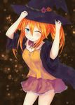  black_cloak blue_eyes blush breasts cleavage flower_ornament halloween halloween_costume hat highres looking_at_viewer neptune_(series) niche-tan one_eye_closed orange_hair orange_heart power_symbol shin_jigen_game_neptune_vii shirt skirt sleeveless sleeveless_shirt smile solo symbol-shaped_pupils twintails witch_hat yellow_shirt 