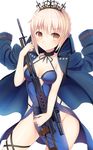  artoria_pendragon_(all) blonde_hair blush breasts brown_eyes choker cleavage closed_mouth eyebrows_visible_through_hair fate/grand_order fate_(series) gun highres holding holding_gun holding_weapon looking_at_viewer medium_breasts saber_alter short_hair solo umitonakai weapon 