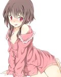  black_hair blush breasts brown_hair feet kono_subarashii_sekai_ni_shukufuku_wo! megumin no_bra p_book pajamas red_eyes short_hair short_hair_with_long_locks sidelocks simple_background sitting small_breasts solo white_background 