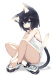  animal_ear_fluff animal_ears bangs black_hair blue_eyes blush breasts camisole cat_ears cat_tail closed_mouth commentary_request full_body hair_between_eyes highres indian_style mamuru original shoes sideboob sidelocks simple_background sitting small_breasts sneakers solo tail white_background 