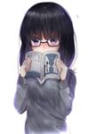  bangs black-framed_eyewear black_hair blush book covering_mouth eyebrows_visible_through_hair flying_sweatdrops glasses hair_ribbon heart holding holding_book long_hair long_sleeves looking_at_viewer neku_(neku_draw) open_book optical_illusion original purple_eyes reading ribbon simple_background solo sweater twintails upper_body white_background white_ribbon 
