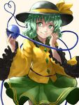  black_hat blush closed_mouth commentary_request cowboy_shot eyeball frilled_shirt_collar frilled_sleeves frills green_eyes green_hair green_skirt hat hat_ribbon heart heart_of_string highres komeiji_koishi long_sleeves looking_at_viewer ribbon shirt skirt smile solo third_eye touhou wide_sleeves yasaidon yellow_shirt 