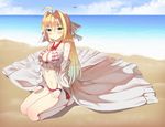  ahoge bad_id bad_pixiv_id bare_shoulders beach bikini blonde_hair bow bracelet breasts cloud collarbone day fate/grand_order fate_(series) green_eyes hair_bow halterneck jewelry large_breasts long_hair looking_at_viewer nero_claudius_(fate)_(all) nero_claudius_(swimsuit_caster)_(fate) seiza shoulder_cutout side-tie_bikini sitting smile solo striped striped_bikini swimsuit tttanggvl 