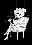  black_background bloomers bug chair character_name crossed_legs cup doughnut extra_eyes fangs food high_heels insect_girl monster_girl muffet multiple_arms puffy_short_sleeves puffy_sleeves short_hair short_sleeves short_twintails sitting spider spider_girl teacup teapot twintails undertale underwear 