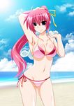  beach bikini blue_eyes blue_sky breasts cloud cowboy_shot day engo_(aquawatery) hair_ornament hair_ribbon large_breasts long_hair looking_at_viewer lyrical_nanoha mahou_shoujo_lyrical_nanoha_strikers outdoors pink_bikini pink_hair ponytail ribbon side-tie_bikini signum sky solo swimsuit x_hair_ornament yellow_ribbon 