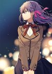  ahoge backlighting bangs black_skirt blazer blurry blurry_background blush breasts brown_jacket fate/stay_night fate_(series) hair_ribbon homurahara_academy_uniform jacket long_hair long_sleeves looking_away looking_to_the_side matou_sakura medium_breasts neck_ribbon oshio_(dayo) own_hands_together parted_lips pink_ribbon purple_hair red_ribbon ribbon school_uniform skirt solo tareme upper_body v_arms 