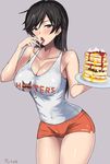  artist_name bangs bar_censor black_eyes black_hair blueberry breasts censored cleavage collarbone commentary covered_navel cowboy_shot dated eyebrows_visible_through_hair food fruit girls_und_panzer groin half-closed_eyes holding holding_food hooters impossible_clothes impossible_shirt isuzu_hana large_breasts logo long_hair looking_at_viewer mordeth no_legwear open_mouth orange_shorts pancake plate shirt short_shorts shorts signature simple_background solo standing suggestive_fluid syrup tank_top whipped_cream white_shirt 