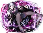  :d ahoge black_dress black_legwear black_ribbon breasts cleavage cleavage_cutout divine_gate dress eyebrows_visible_through_hair fang floating_hair flower full_body hair_between_eyes hair_flower hair_ornament hair_ribbon highres long_hair medium_breasts open_mouth pantyhose purple_flower red_eyes ribbon silver_hair simple_background smile solo ucmm very_long_hair white_background 