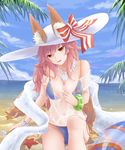  animal_ears beach bikini blue_bikini blush breasts cleavage collarbone day ears_through_headwear fang fate/grand_order fate_(series) fox_ears fox_tail hat highres large_breasts long_hair looking_at_viewer meo_(1271884559) navel ocean open_mouth outdoors palm_leaf palm_tree pink_hair sitting solo starfish sun_hat swimsuit tail tamamo_(fate)_(all) tamamo_no_mae_(swimsuit_lancer)_(fate) tree wet wet_clothes white_hat yellow_eyes 