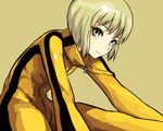  blonde_hair bruce_lee's_jumpsuit full-length_zipper fushoku green_eyes huang_baoling looking_at_viewer short_hair sitting smile solo stretch tiger_&amp;_bunny yellow_background zipper 