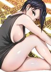  bare_arms bare_legs bare_shoulders black_hair blush breasts caution_tape earrings feet_out_of_frame from_side highres invisible_chair jewelry keep_out knee_up leaning_forward looking_at_viewer looking_to_the_side medium_breasts midorikawa_maki mole mole_under_eye no_bra no_pants norman_maggot one_eye_closed revision sakura_quest shiny shiny_skin short_hair sideboob sitting sleeveless solo stud_earrings tank_top thighs tsurime 