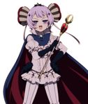  :d akasata black_gloves blush cape center_frills dress frilled_sleeves frills gloves head_tilt holding looking_at_viewer mahou_shoujo_ikusei_keikaku mahou_shoujo_ikusei_keikaku_unmarked open_mouth puffy_short_sleeves puffy_sleeves purple_eyes purple_hair ruler_(mahoiku) scepter short_hair short_sleeves simple_background smile solo standing striped striped_legwear v-shaped_eyebrows vertical-striped_legwear vertical_stripes white_background white_dress 